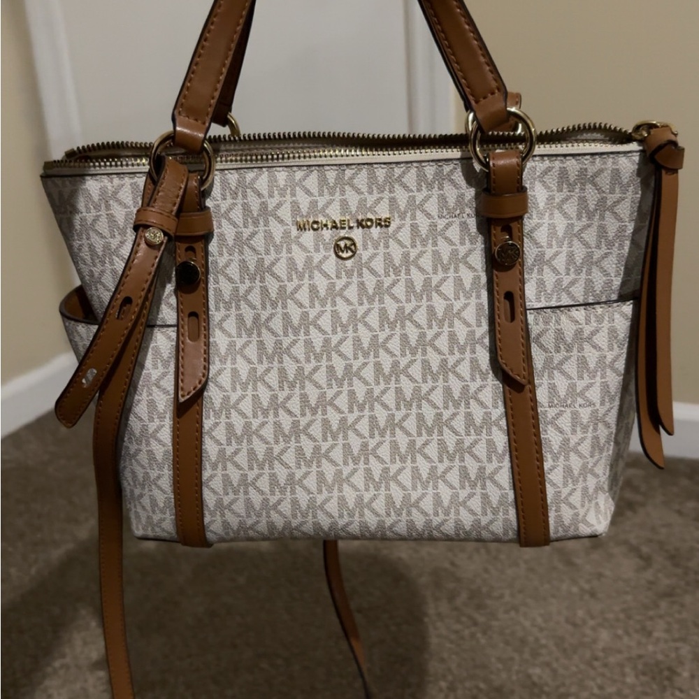 Michael Kors Beige Signature Canvas Tote with Brown Trim